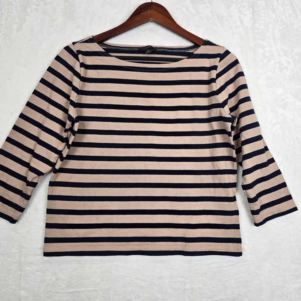 J.Crew  Tan Navy Blue Striped Boat Neck 3/4 Sleeve Cotton Top Small H6778